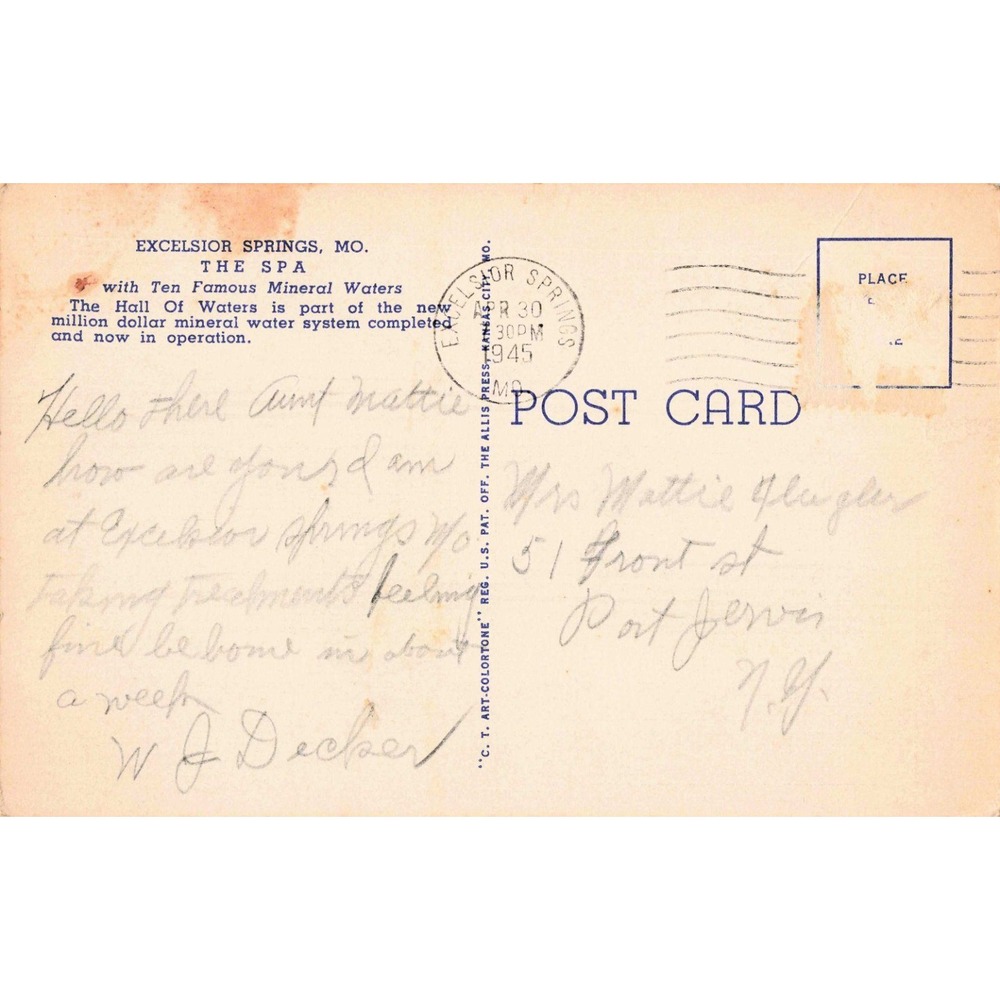 Vintage 1945 Hall of Waters Excelsior Springs MO Linen Postcard Curt Teich - Picture 2 of 2